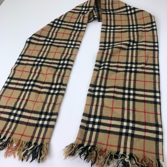 Vintage Burberry’s London Nova Check Plaid Tan Wool Fringe Scarf - Picture 7 of 16